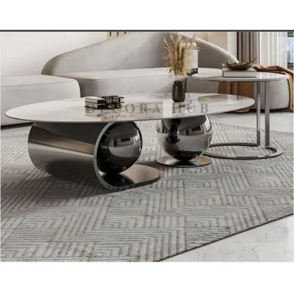 Double Ball Base With White Marble on Top Centre Table – white marble top on glossy black base centre table by DecoraHub