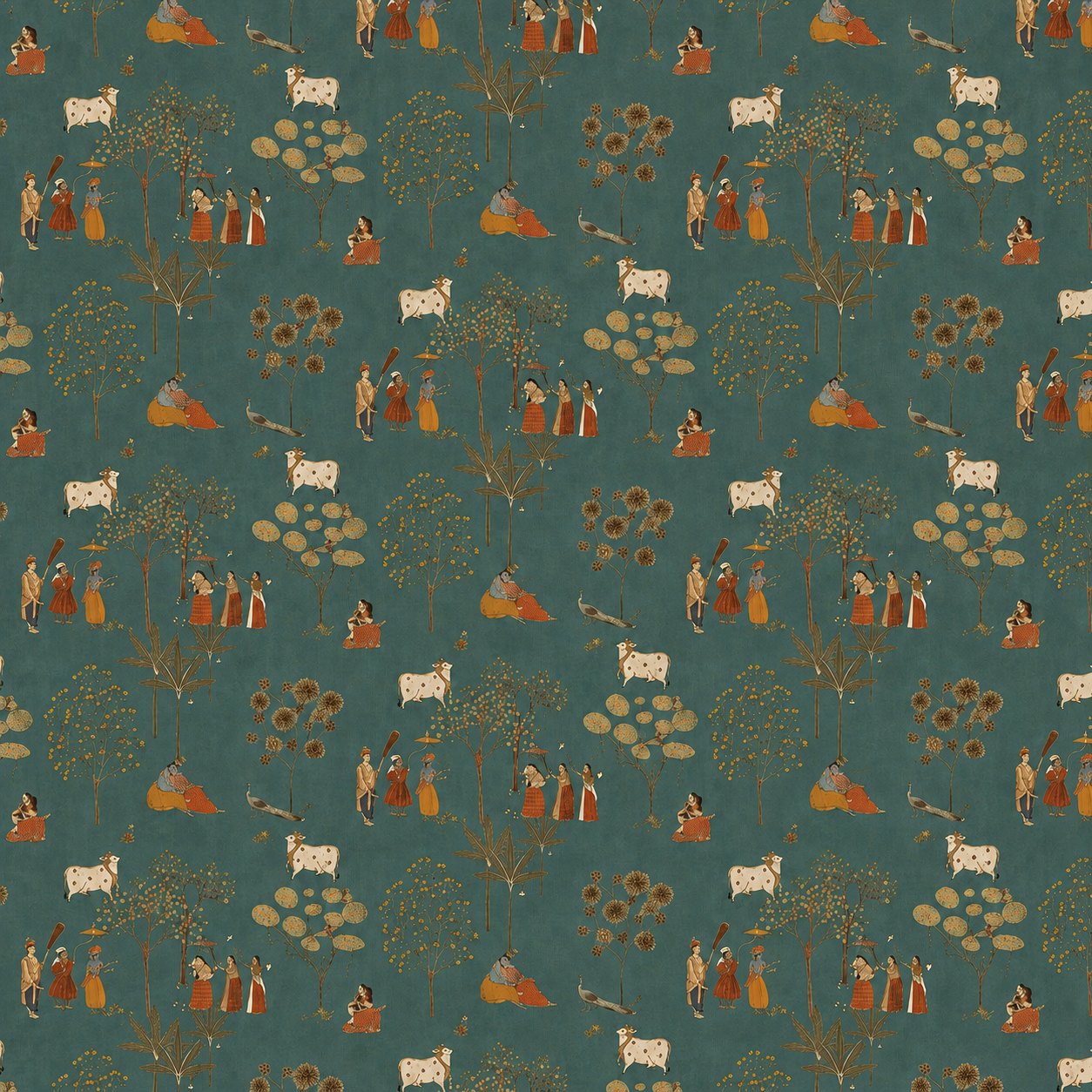 Slate Teal Pastoral Folk Tales Wallpaper