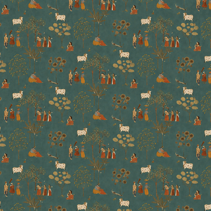 Slate Teal Pastoral Folk Tales Wallpaper