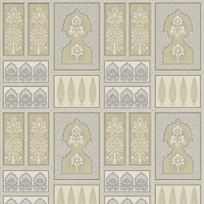 Olive Grey Panelled Block Print Wallpaper