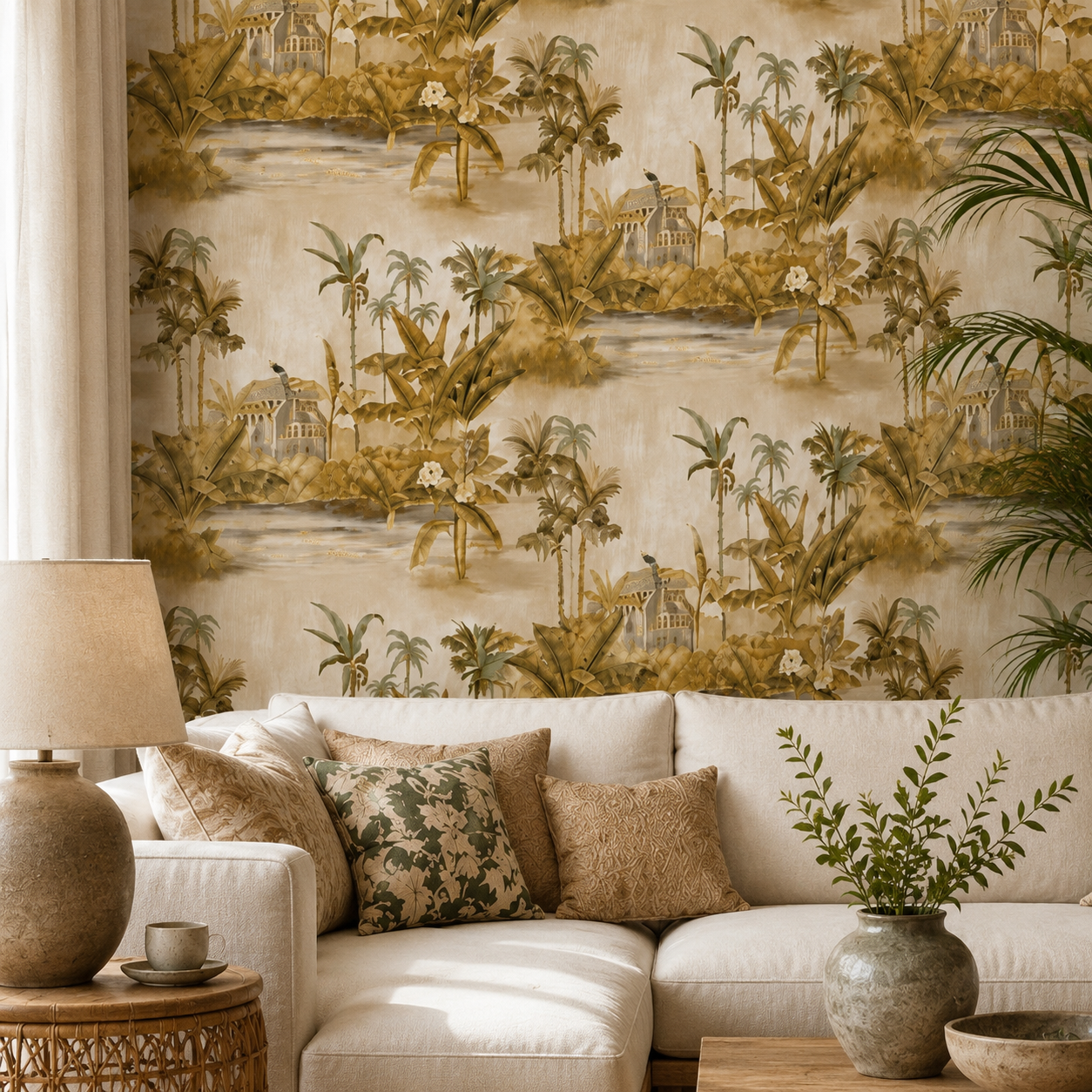 Golden Olive Tropical Lagoon Wallpaper
