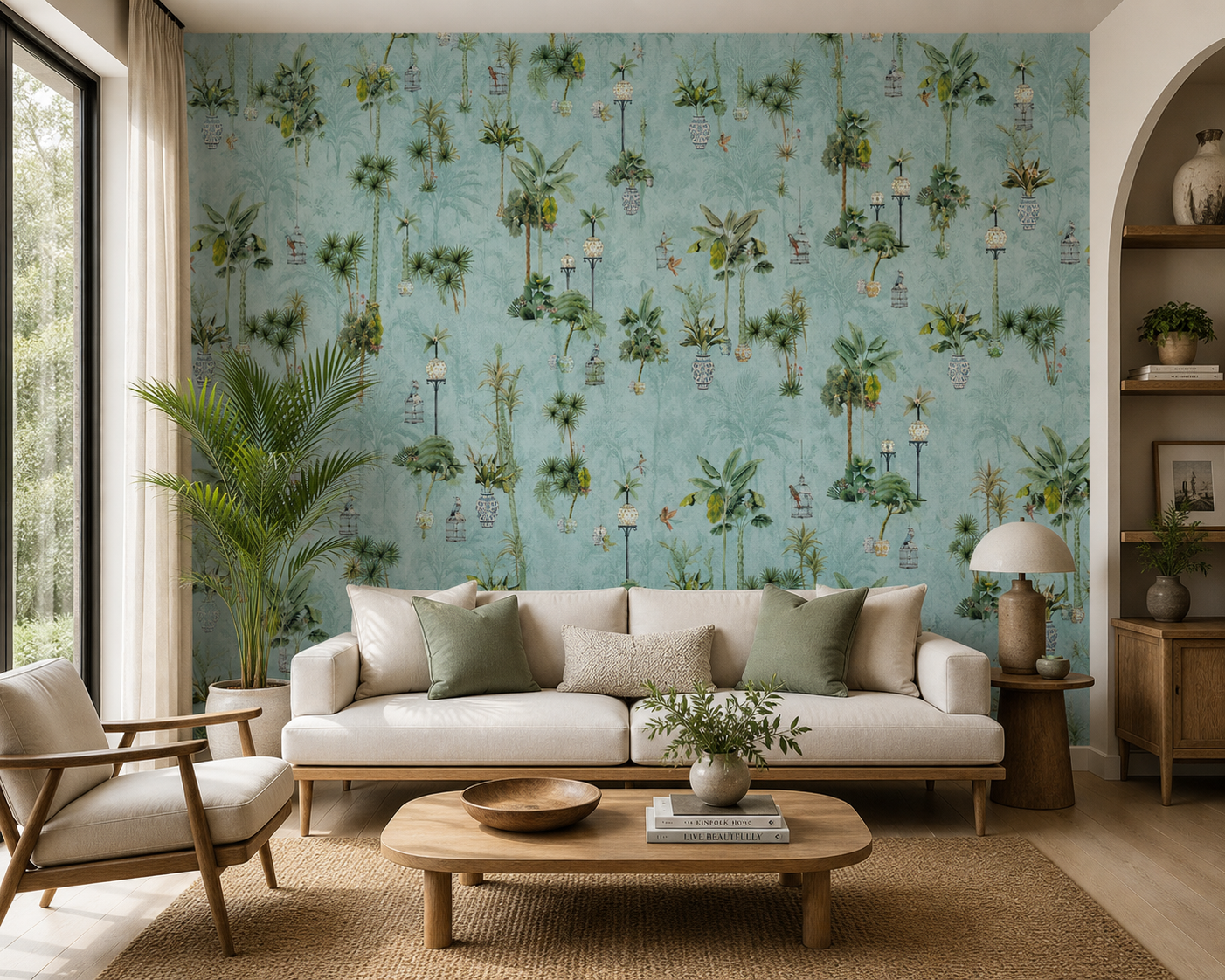 Seafoam Potted Palm Chinoiserie Wallpaper