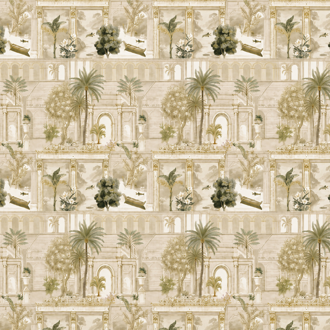 Taupe Panelled Colonnade Garden Wallpaper