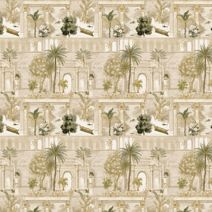 Taupe Panelled Colonnade Garden Wallpaper