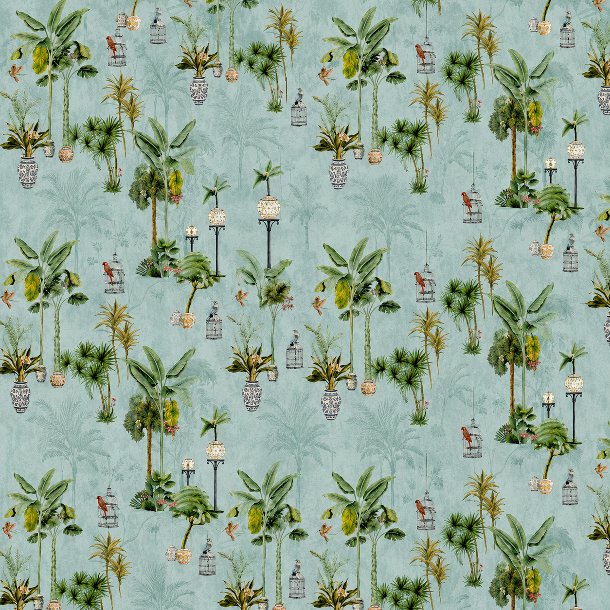 Seafoam Potted Palm Chinoiserie Wallpaper