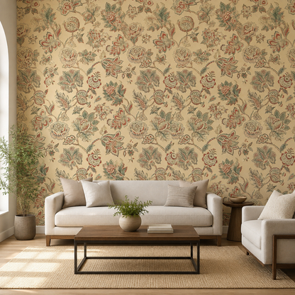 Golden Jacobean Floral Trail Wallpaper