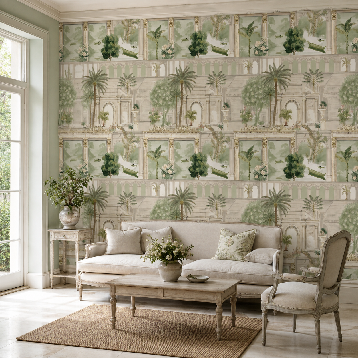 Sage Panelled Colonnade Garden Wallpaper