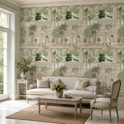 Sage Panelled Colonnade Garden Wallpaper