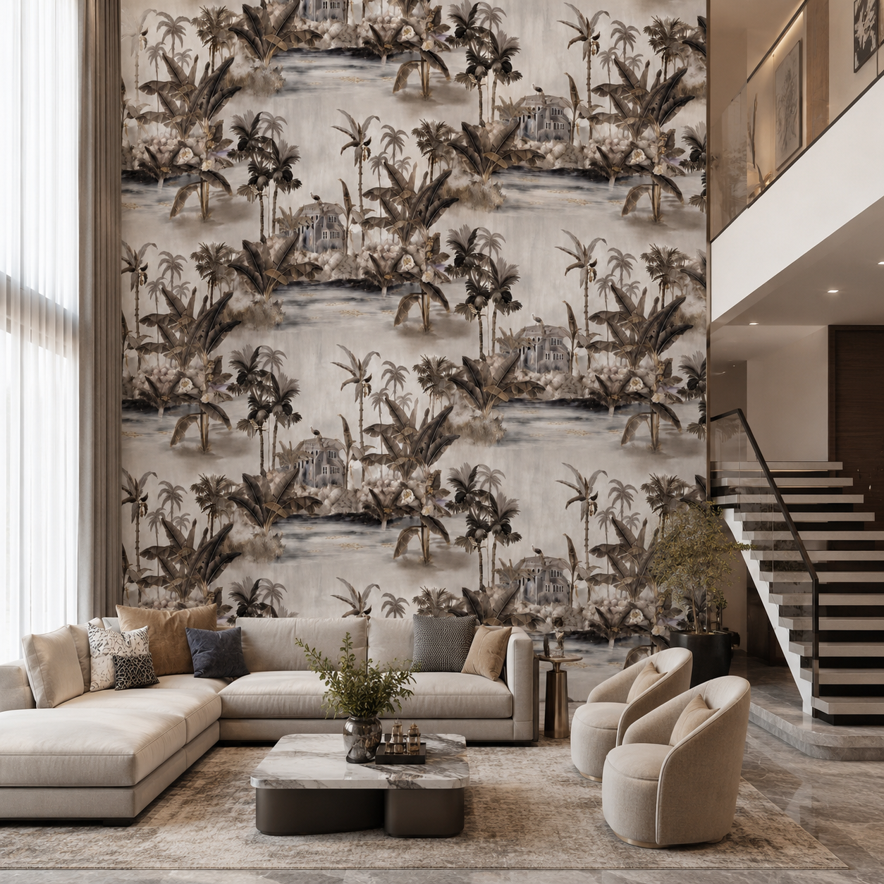 Charcoal Tropical Lagoon Scenic Wallpaper