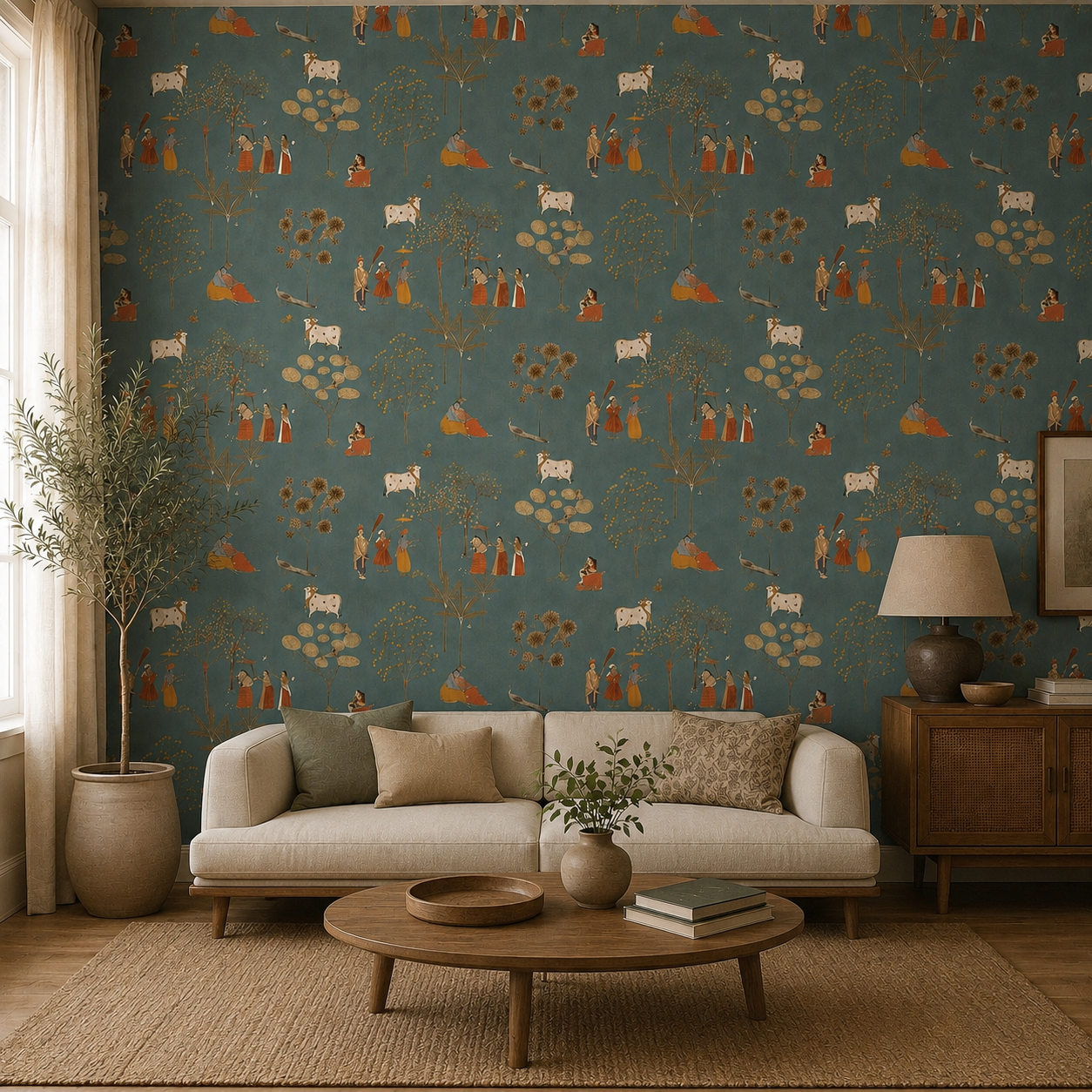 Slate Teal Pastoral Folk Tales Wallpaper