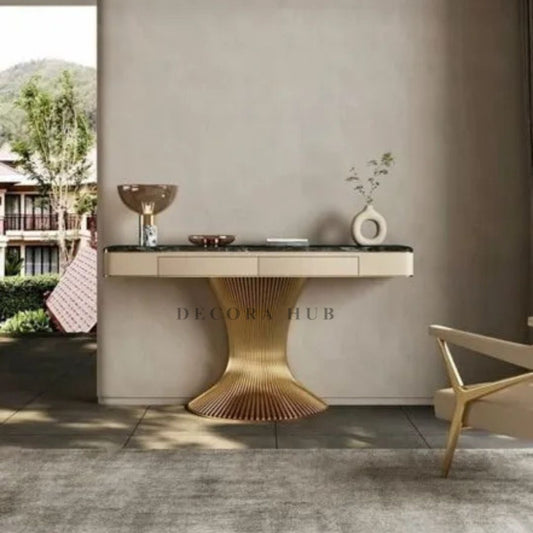 Designer Golden Console with Drawers