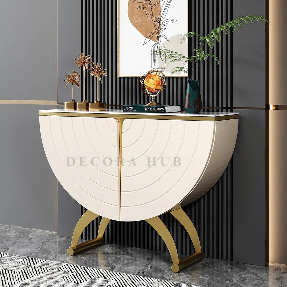 DecoraHub Half-Moon Gold Marble Console Table with Storage