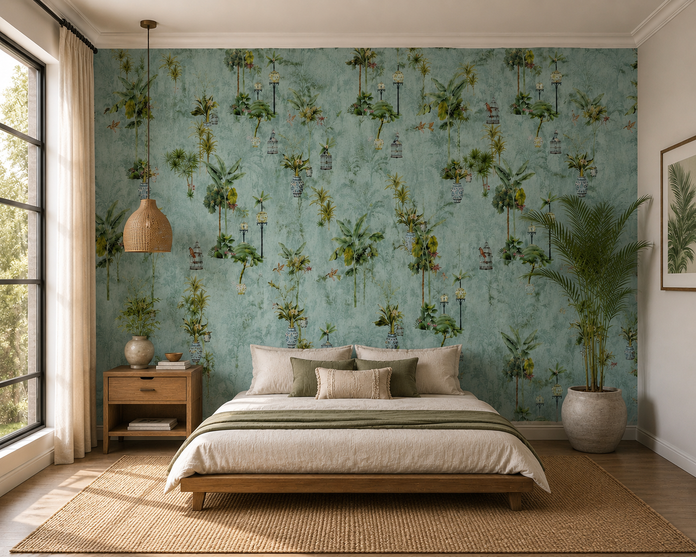 Seafoam Potted Palm Chinoiserie Wallpaper