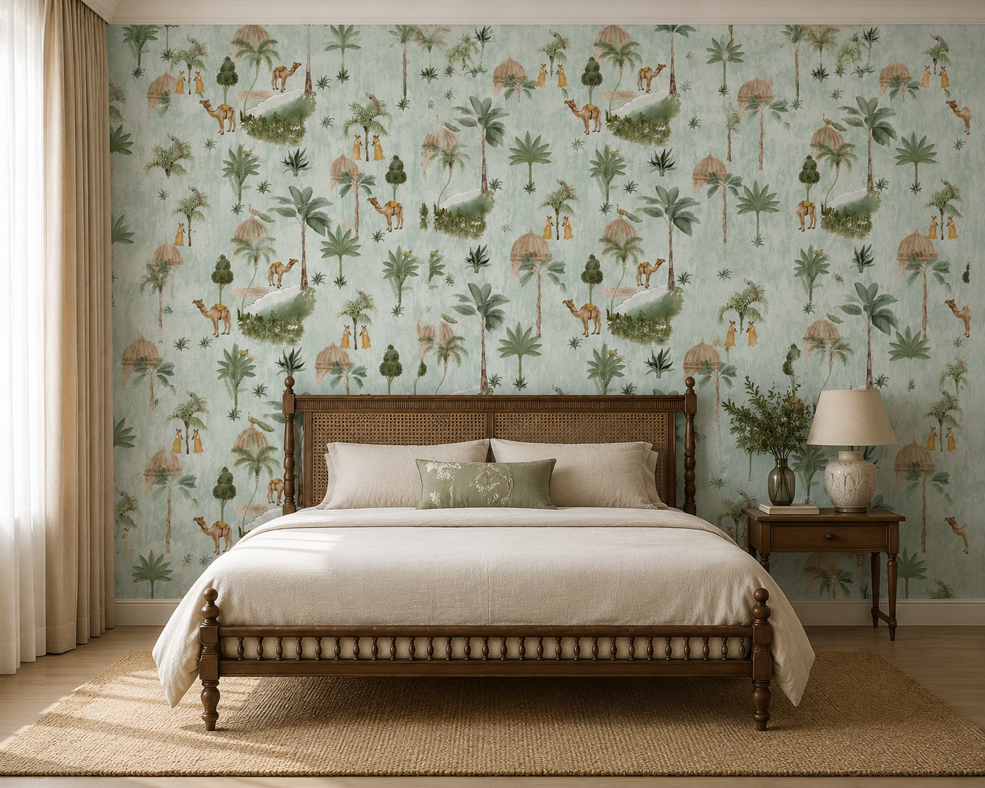 Sage Blue Desert Oasis Caravan Wallpaper