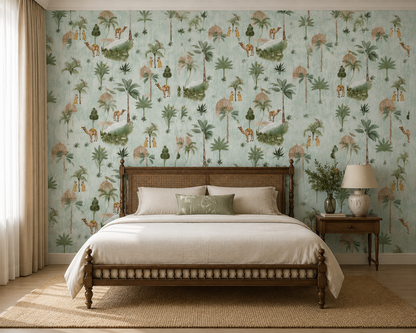 Sage Blue Desert Oasis Caravan Wallpaper