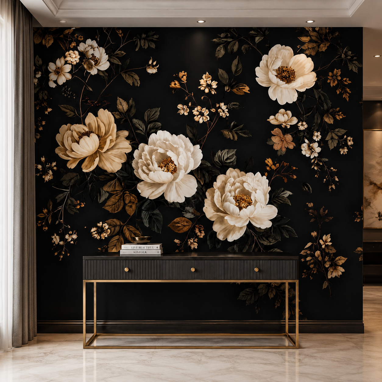 Black Peony Botanical Wallpaper