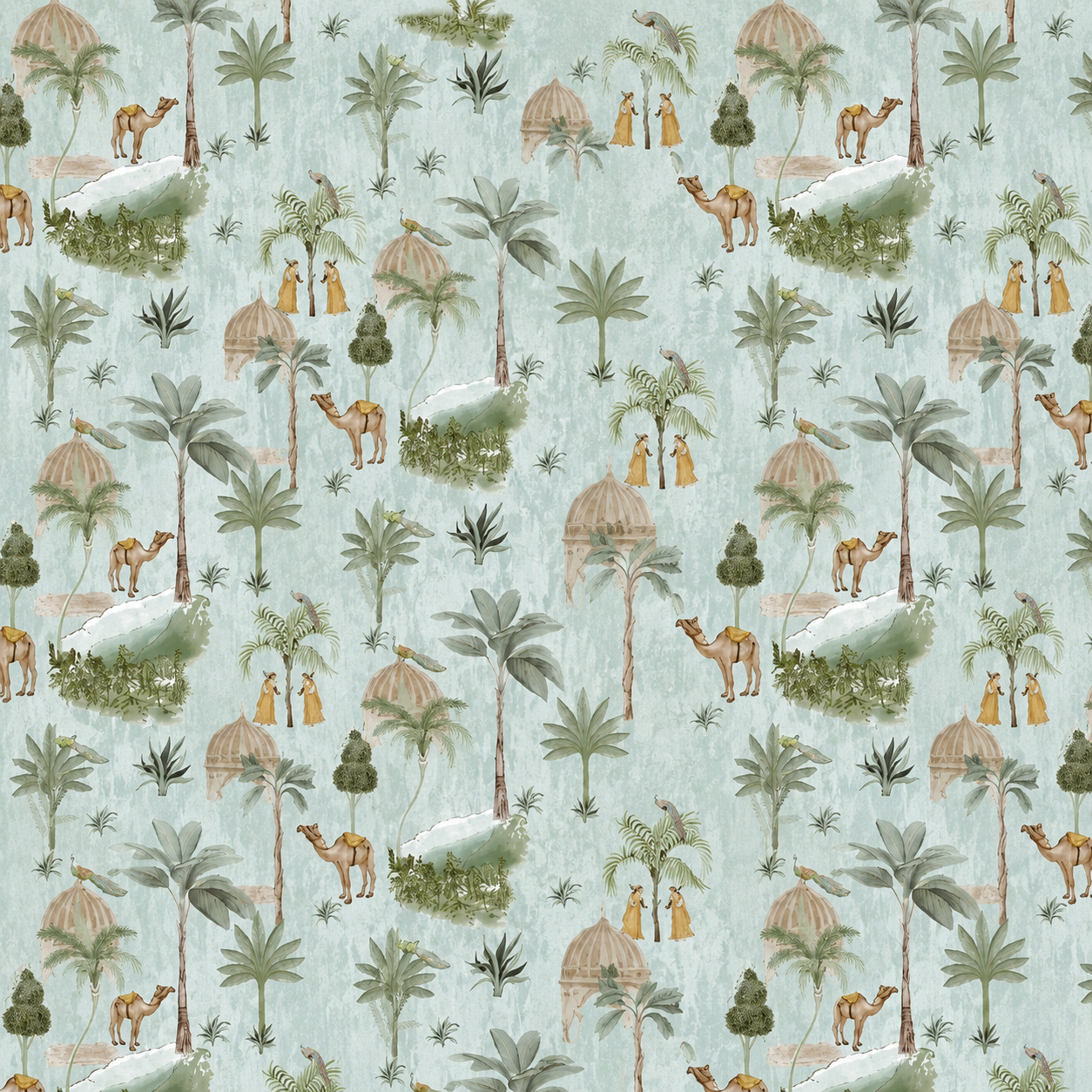 Sage Blue Desert Oasis Caravan Wallpaper