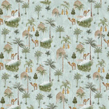 Sage Blue Desert Oasis Caravan Wallpaper