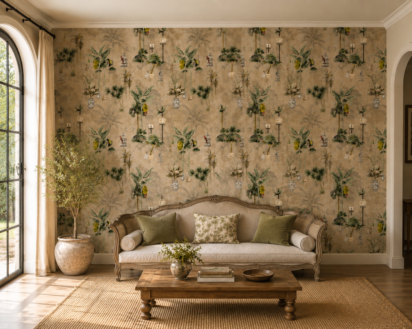 Antique Taupe Potted Palm Chinoiserie Wallpaper