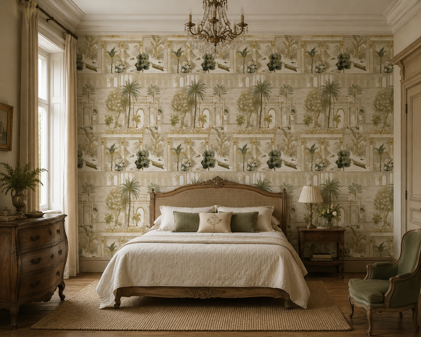 Taupe Panelled Colonnade Garden Wallpaper