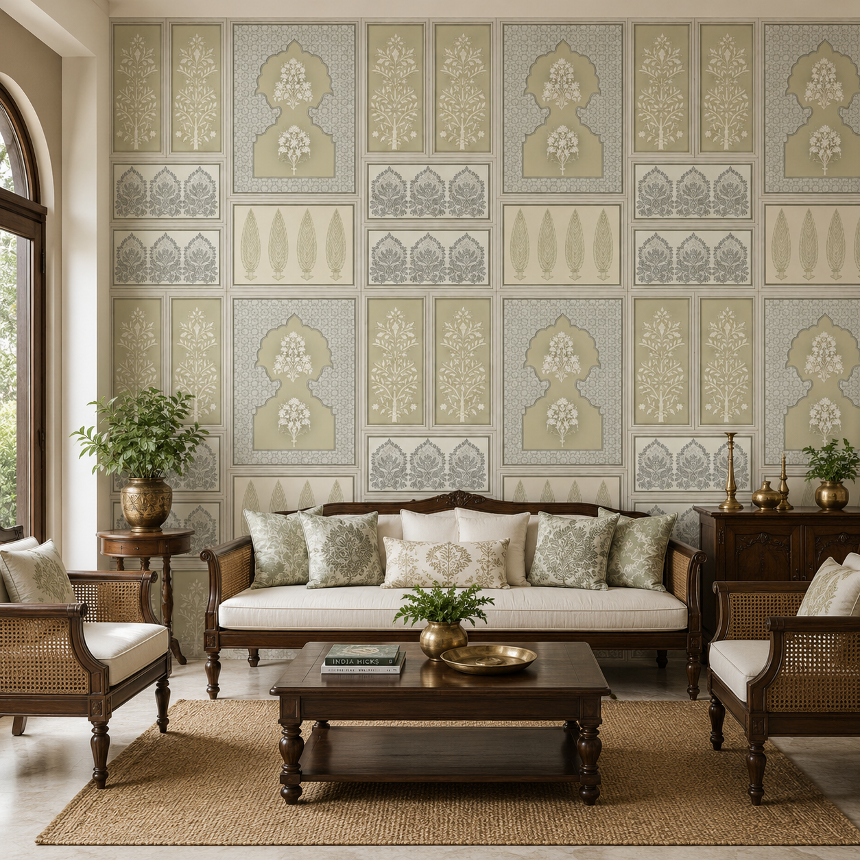 Olive Grey Panelled Block Print Wallpaper