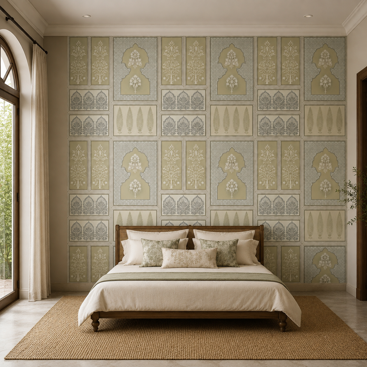 Olive Grey Panelled Block Print Wallpaper
