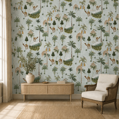 Sage Blue Desert Oasis Caravan Wallpaper