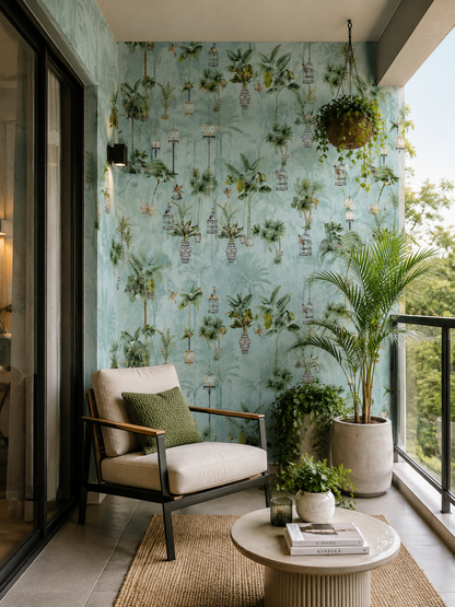 Seafoam Potted Palm Chinoiserie Wallpaper