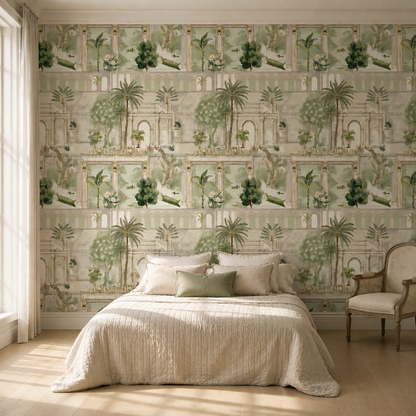 Sage Panelled Colonnade Garden Wallpaper