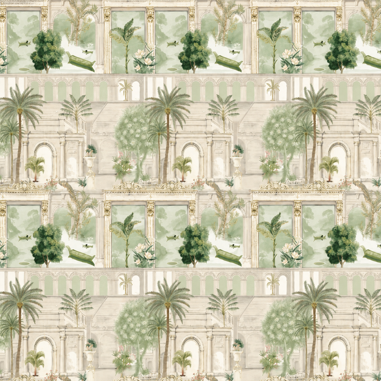 Sage Panelled Colonnade Garden Wallpaper