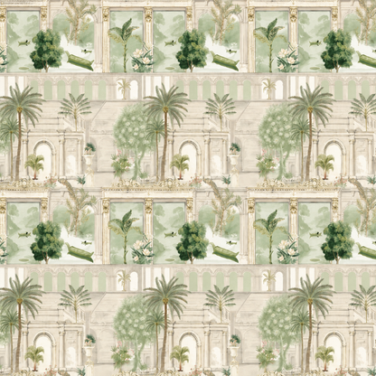 Sage Panelled Colonnade Garden Wallpaper