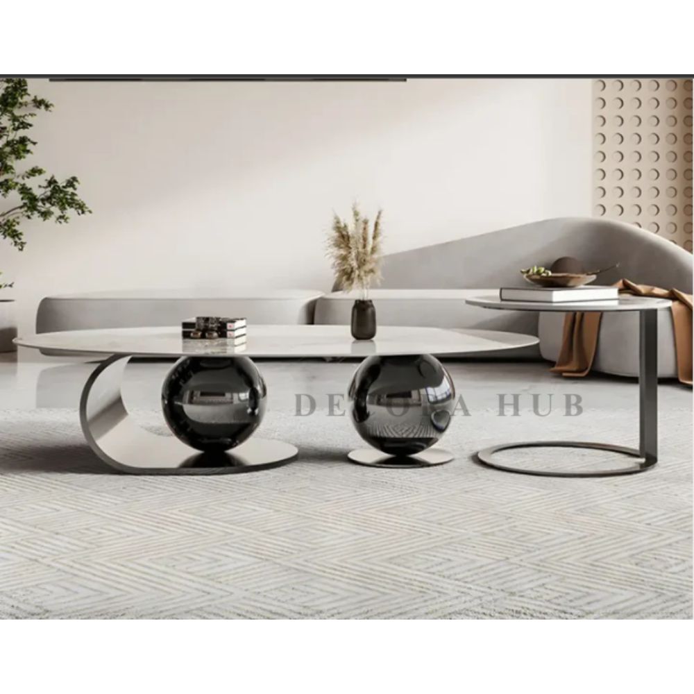 Double Ball Base With White Marble on Top Centre Table