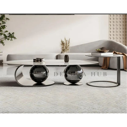 Double Ball Base With White Marble on Top Centre Table – white marble top on glossy black base centre table by DecoraHub, view 2