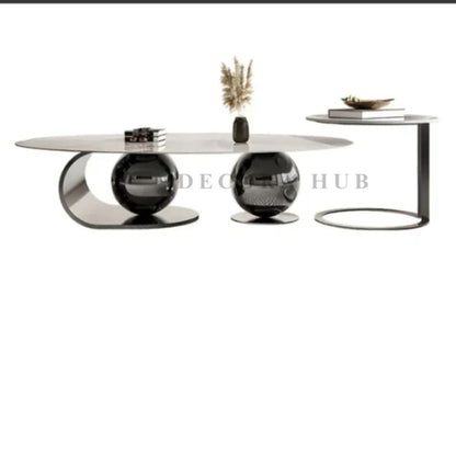 Double Ball Base With White Marble on Top Centre Table – white marble top on glossy black base centre table by DecoraHub, view 3