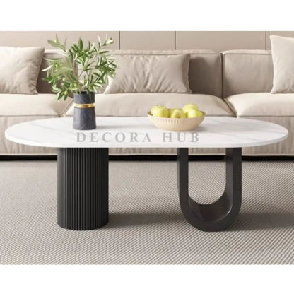 Oval Luxurious Centre Table – white marble top on black base centre table by DecoraHub