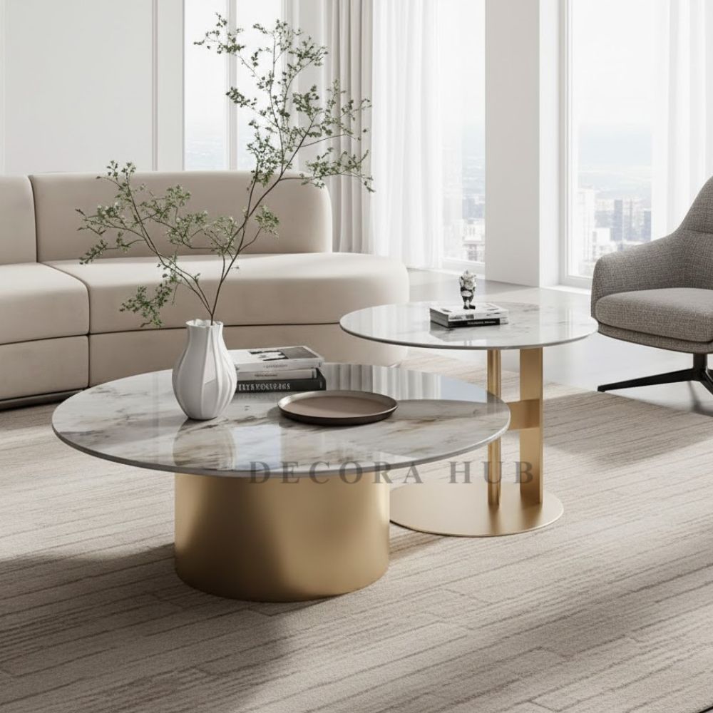 Round White Marble Top With Cylendrical Base Centre Table