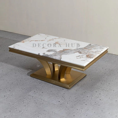 Zenith Rectangular Luxurious Centre Table – marble top on gold base centre table by DecoraHub