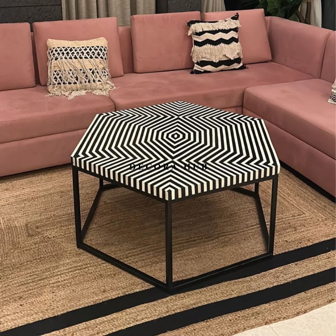 Moroccan Hexagon Black White Resin Inlay Coffee Table