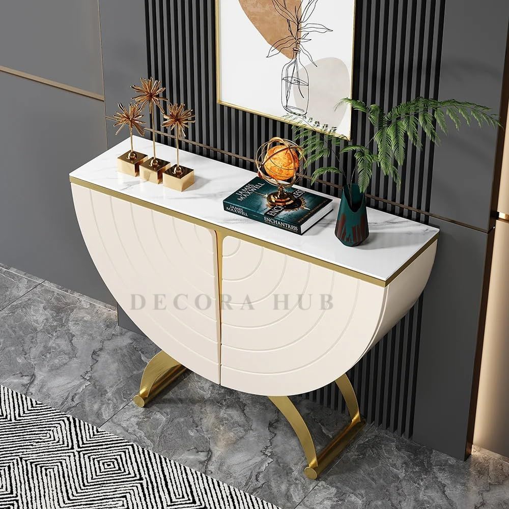 DecoraHub Half-Moon Gold Marble Console Table with Storage
