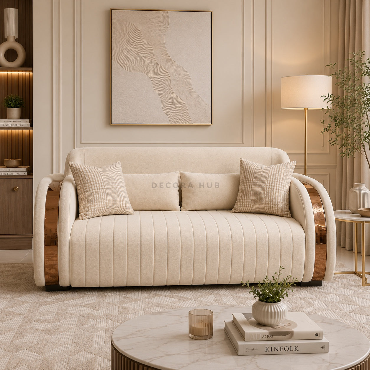 Beige sofa in a stylish living room with decor elements.