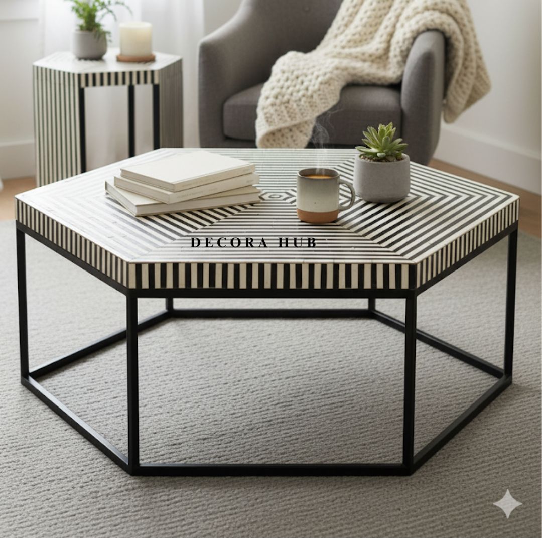 Moroccan Hexagon Black White Resin Inlay Coffee Table
