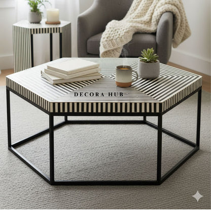 Moroccan Hexagon Black White Resin Inlay Coffee Table