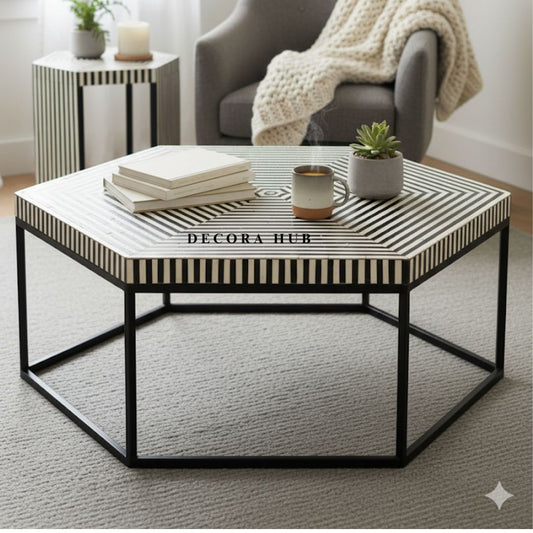Moroccan Hexagon Black White Resin Inlay Coffee Table