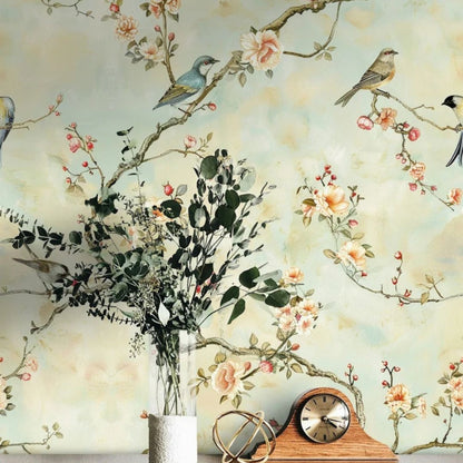 Elegant Bird and Floral Wallpaper