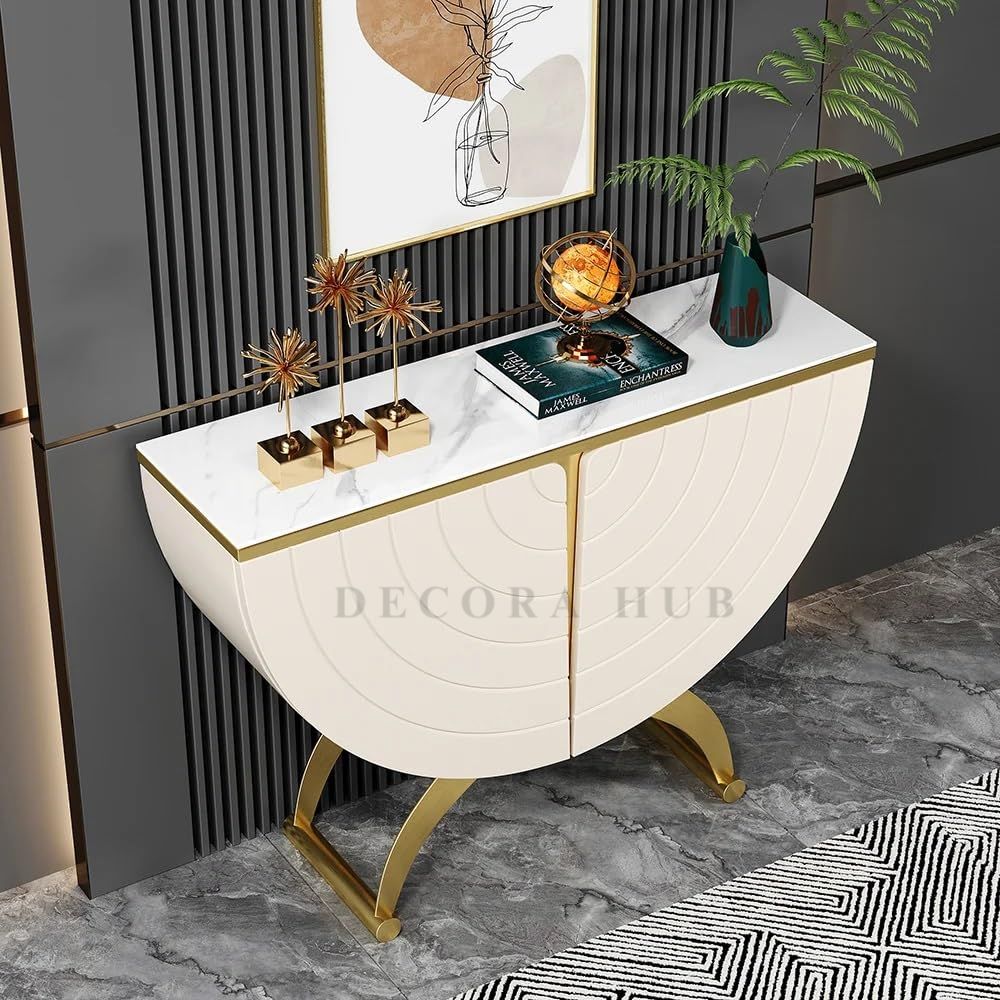 DecoraHub Half-Moon Gold Marble Console Table with Storage