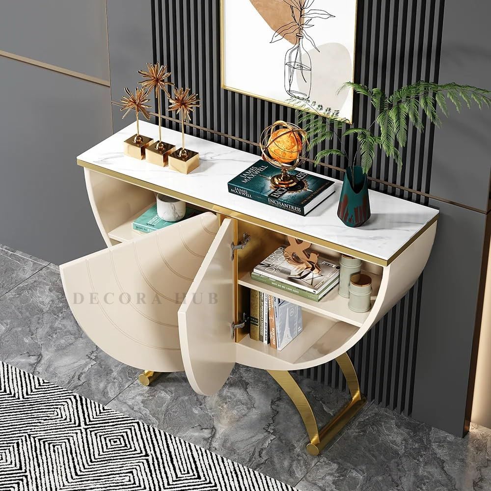 DecoraHub Half-Moon Gold Marble Console Table with Storage