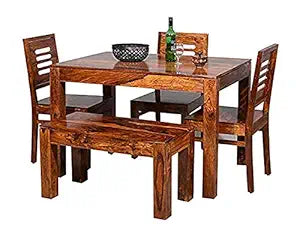 Furinno Sheesham Wood 4 Seater Dining Table Set with 3 Chairs and 1 Bench for Home Dining Room Furniture (Honey Finish)