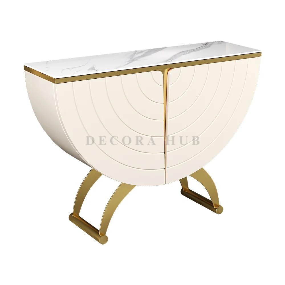DecoraHub Half-Moon Gold Marble Console Table with Storage