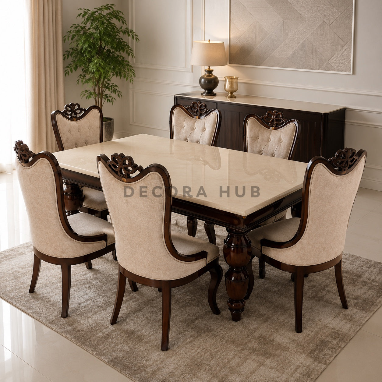 Dining room with a marble table and upholstered chairs in a well-lit room.