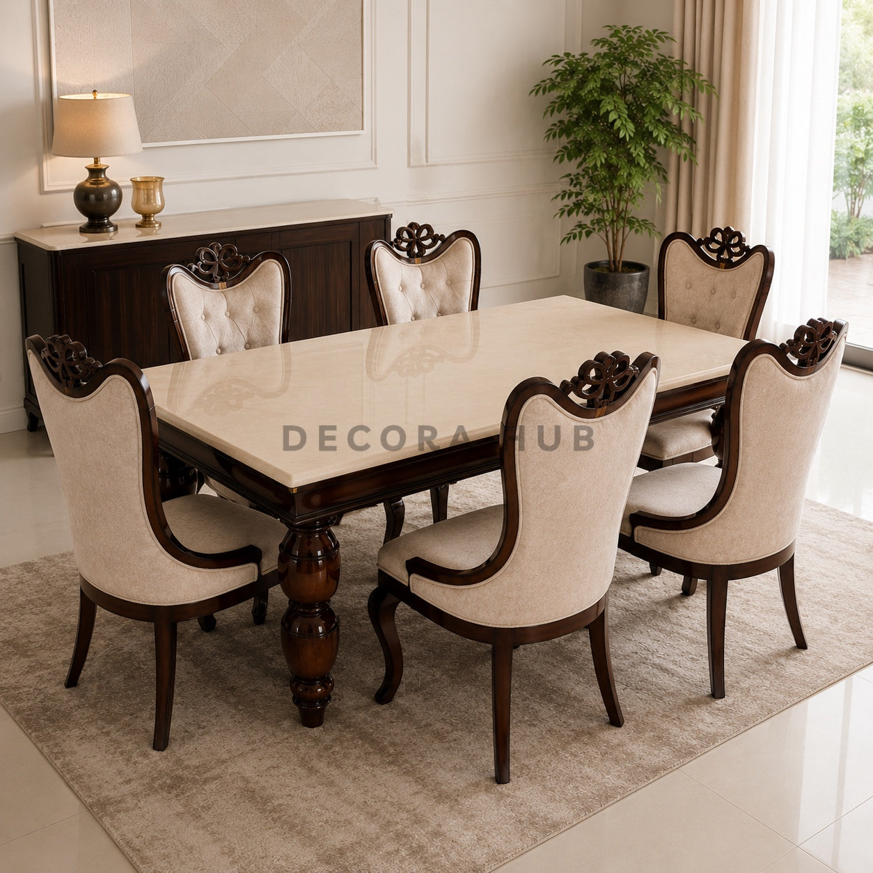 Dining room with a marble table and wooden chairs in a well-lit room.